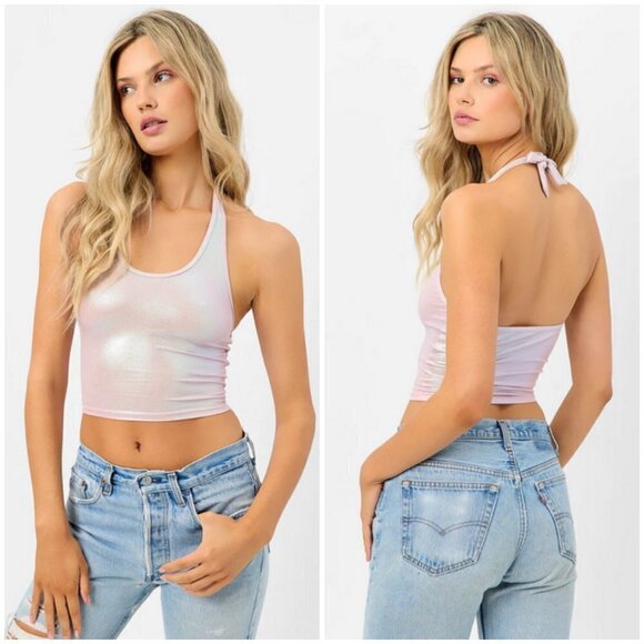 💕FRANKIES BIKINIS💕 Lindsay Iridescent Halter Top ~ Gilded Angel Medium M NWT - Picture 1 of 17